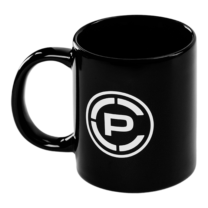 Black ceramic 11OZ mug with logo on one side and text on the other Black ceramic 11OZ mug with logo on one side and text on the other
