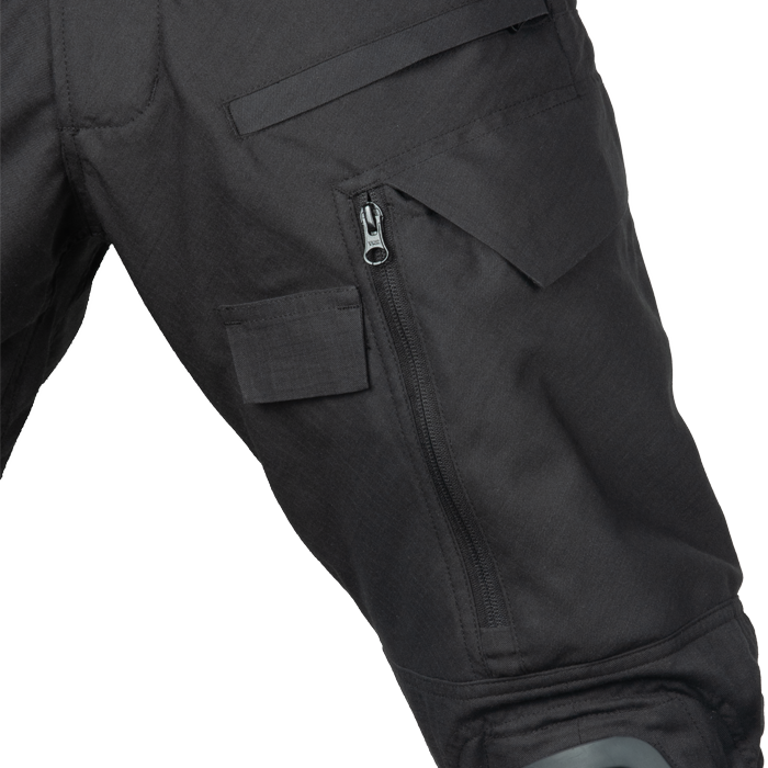 Set in low profile thigh cargo pocket, zippered front for entry while seated