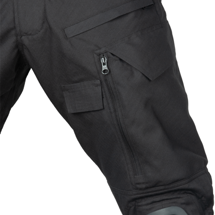 Set in low profile thigh cargo pocket, zippered front for entry while seated