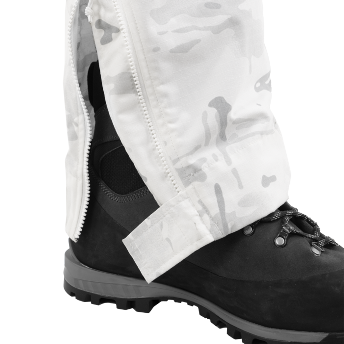 Inseam zippers for easy donning/doffing with alpine boots