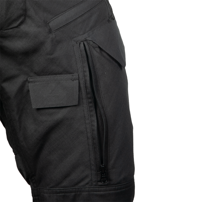 Set in low profile thigh cargo pocket, zippered front for entry while seated