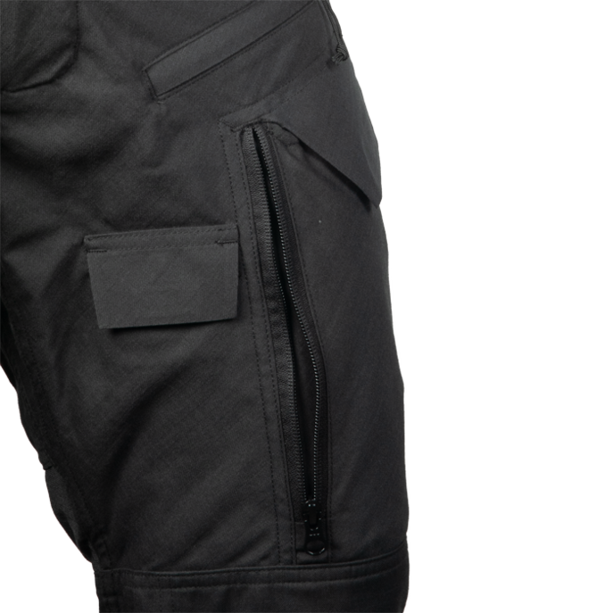 Set in low profile thigh cargo pocket, zippered front for entry while seated