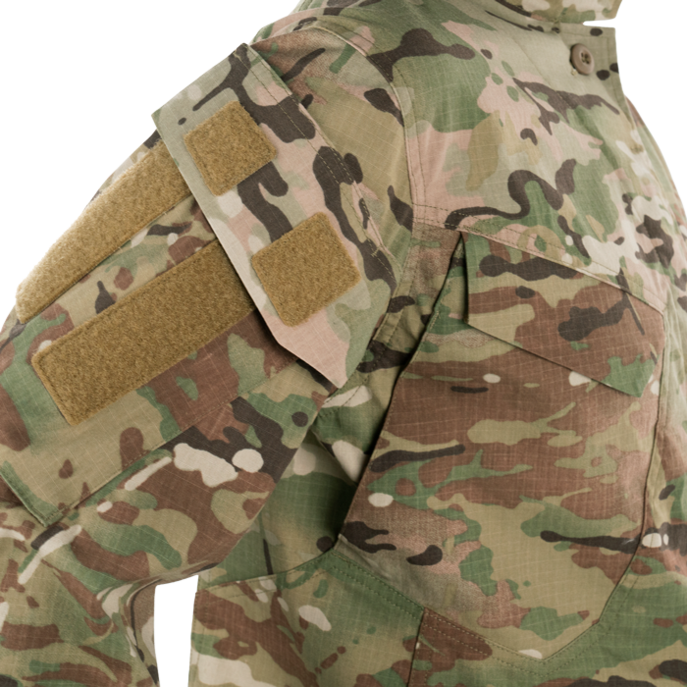 Thermo-bonded shoulder and chest pocket flaps