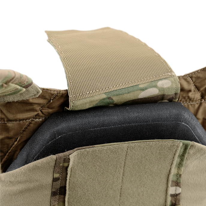 Top-loaded, padded plate closure for comfort Top-loaded, padded plate closure for comfort