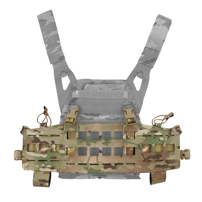 Hidden vertical webbing loops on front carrier supports detachable chest rigs