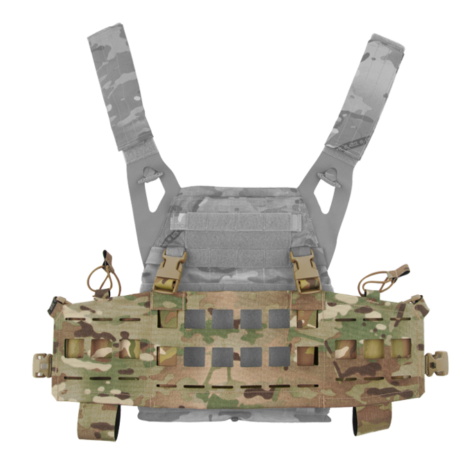 Hidden vertical webbing loops on front carrier supports detachable chest rigs