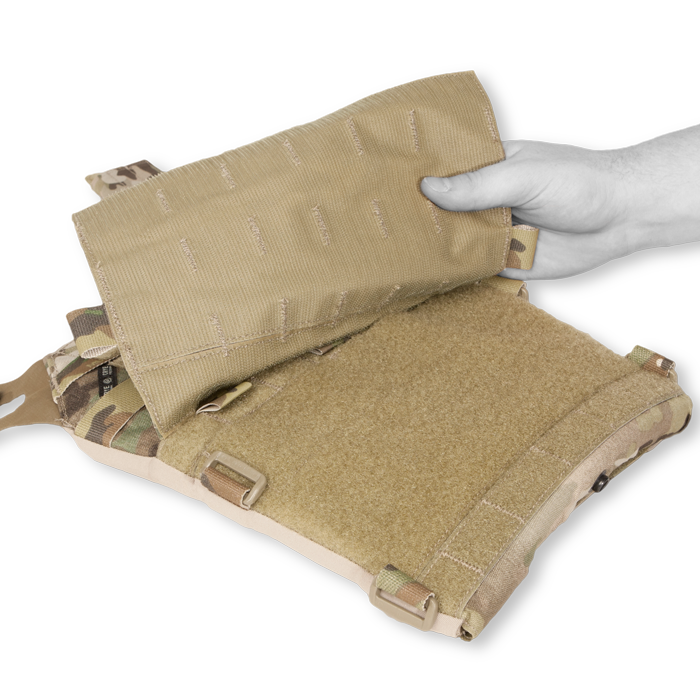 VELCRO® brand panel on the front of the carrier allows detachable MOLLE or mag pouch front flap