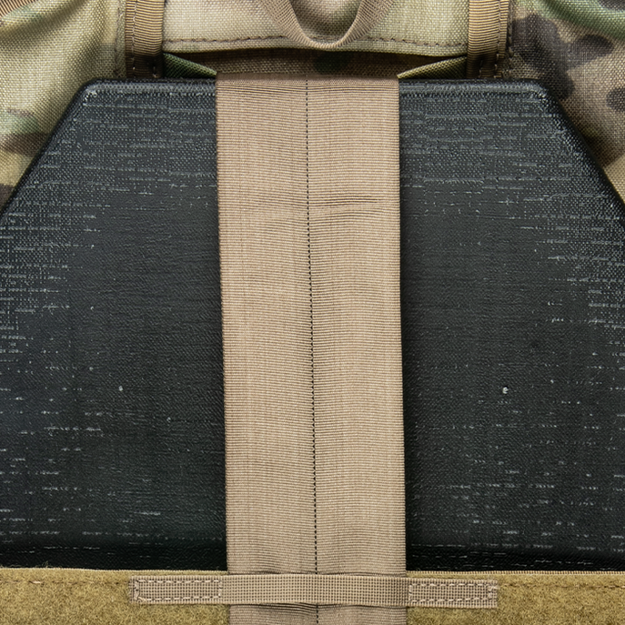Interior pocket with plate strap holds ballistic plate and or various radios